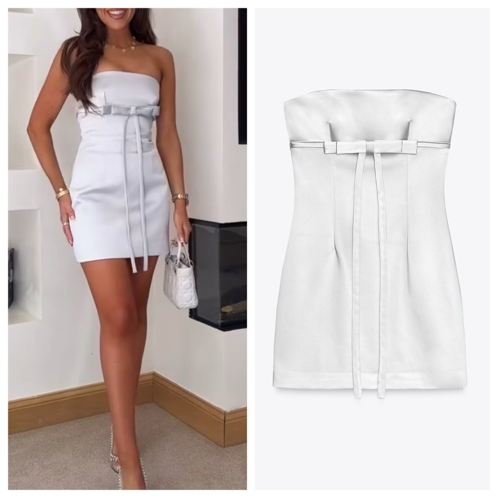 ZARA STRAPLESS SATIN DRESS WITH BOW - Pearl Gray